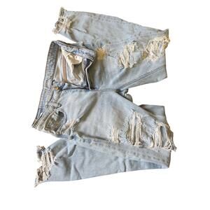 AMERICAN EAGLE LONG MOM JEANS STRETCH DISTRESSED LIGHT BLUE WOMENS SIZE 4